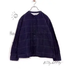 無印良品 バンドカラー チェック 長袖シャツ(L)ネイビー コットン 胸ポケット