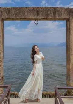 総レース オフホワイトベージュ ロングワンピース花柄パーティードレスお呼ばれ