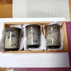 三色小湯呑 3個セット 陶器 木箱入り 臥牛窯 現川焼 13代横石作