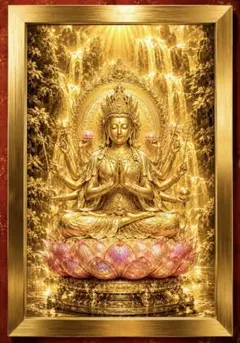 黄金に輝く慈悲の光が、滝のパワーで人生を照らし幸福にする　額縁付きグラフィック