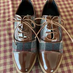 あしながおじさん　ブラウン　本革チェック柄　厚底レースアップ靴