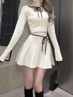 Darich ウエストオープンリボンデザインニットミニワンピース アイボリー