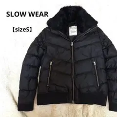 SLOW WEARラビットファー付き高級素材黒ダウンコート S