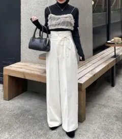 hinari ハイウエストリボンパンツ アイボリーFREE