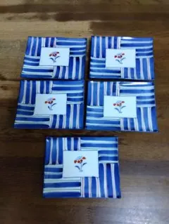 新品　超美品　青色ストライプ花柄皿5枚セット