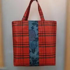 ハンドメイド トートバッグ 着物大島紬リメイク 正絹タータンチェック新品仕様