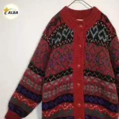 【美品】セーター　ニット　カーディガン　レトロ　総柄　モヘア　赤　レッド　L