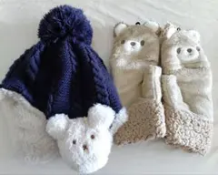 かわいいくまちゃん付きニット帽と手袋セット