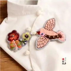北欧風 刺繍 鳥と花モチーフ テキスタイルアート ファブリックアート インテリア