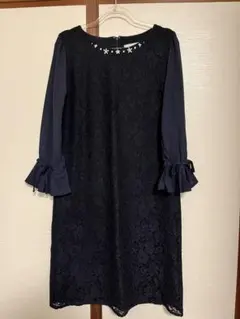 ネイビー レースドレス フリル袖　パーティードレス