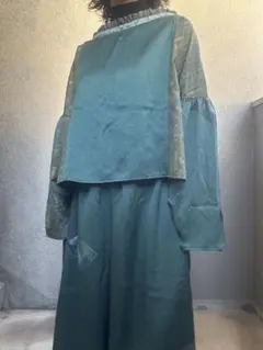 着物リメイク/大島紬×正絹/長袖ブラウス/グリーン