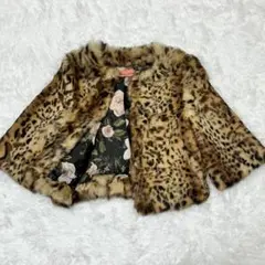 リアルファー ラビット レオパード ノーカラー ジャケット 裏地花柄 フリー