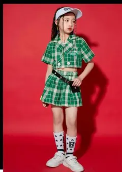 キッズダンス衣装 緑色チェック柄 ジャケットとスカート 110