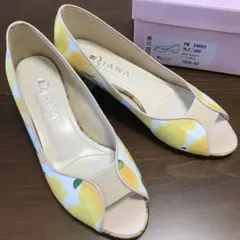 【美品】DIANA レモン柄オープントゥパンプス 23cm