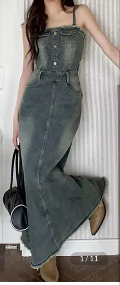 【新品】デニムロングワンピース　バックレースアップ