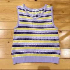 美品　マルチボーダーニットベスト　パープル　cotton