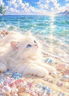 【一作限り】宝石の浜辺と白猫 E450 猫 海 夏 デジタルアート