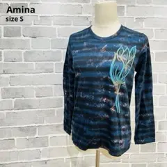 長袖Tシャツ ボーダー タイダイ柄 花柄プリント ネイビー　D69のサムネイル