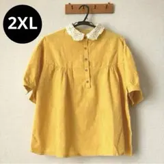 新品未使用　2XL 半袖　イエロー　レース　黄　シャツ　チュニック　大きいサイズ