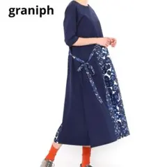 graniph サイドプリーツ切り替えワンピース 花柄 北欧 ネイビー Fのサムネイル