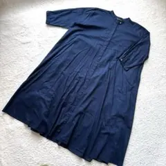 mizuiro indバンドカラー ロング フレアシャツ ワンピース　ネイビー