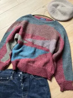 オシャレ　レトロ　古着　模様　セーター　ニット　ノーカラー　プルオーバー