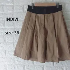 300円〜【INDIVI】ウール100% タックフレアスカート 36 キャメル