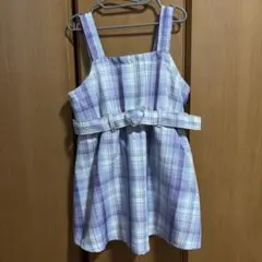 パープル紫系チェック柄ワンピース　ベルト付き　120センチ
