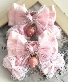 ゆめかわヘアリボンピン　フリルライトピンク×ピンクチェック×ハート