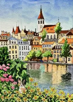 ヨーロッパ水辺の風景街並み　水彩画　原画　手書きのサムネイル