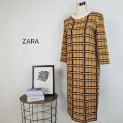 美品ZARAブリティッシュチェック柄ニットロングワンピース海外S七分袖