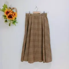 MAKELET ウールフレアスカート　Lサイズ　茶系　チェック柄　ロング　日本製