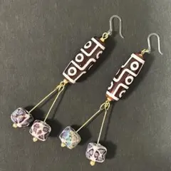 九眼天珠×陶器×樹脂ピアス　カラー赤茶色