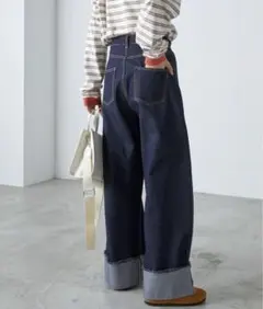 最終お値下げ中！forksy ワイドストレートターンバックデニムパンツ