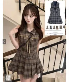 チェック柄リボンノースリシャツミニワンピース dk1565ブラウン系チェック