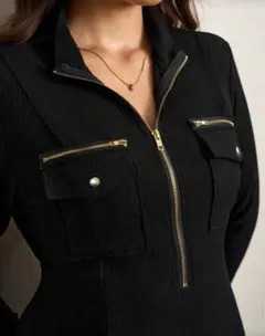 ブラック タイトフィット 長袖ワンピース