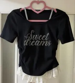 新品未使用　美品　ラインストーンロゴサイドギャザーフリルTシャツ黒のサムネイル