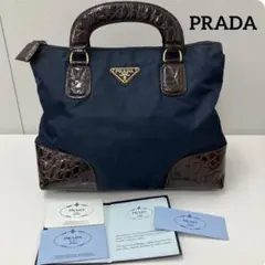 【希少】 PRADAテスート三角ロゴプレート　クロコダイル型押しハンドバッグ