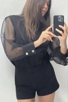 シースルー長袖カジュアルシャツ 黒