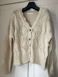 アイボリー レース編み ニットカーディガン