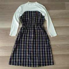 ネイビー・ホワイト チェック柄 ワンピース S