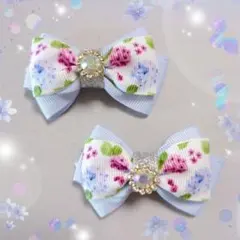 確認　ヘアゴム ヘアリボン ツインテール　1665　紫陽花　水色　ブルー　花柄