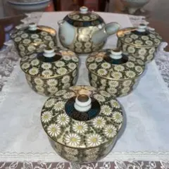 九谷焼　花詰　青粒鉄線　急須　蓋付湯呑み5客セット