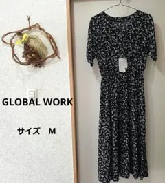 【GLOBAL WORK】新品タグ付き　黒地に白の花柄 半袖ロングワンピース