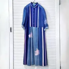 花柄プリーツ　ブルーグラデーション シアーロングワンピース　レトロ　ヴィンテージ