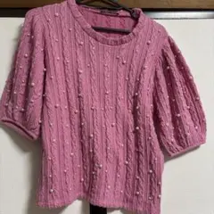 ZARA パール　半袖ケーブルニット　ピンク