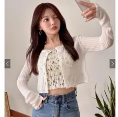 【新品タグ付き】GRL クロップド丈　シアーリブニットカーディガン　ホワイト