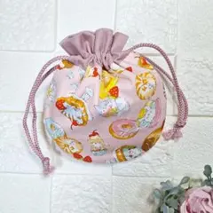 ハンドメイド　まんまる巾着　ネコとドーナツ柄　ピンク