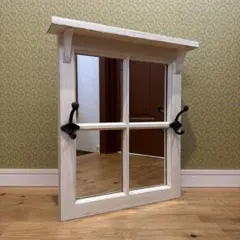 シャビー アンティーク調 ウォールミラー フック付 カントリー調 ホワイト 窓枠