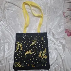 ハンドメイド ミモザ柄ポケット付きトートバッグ